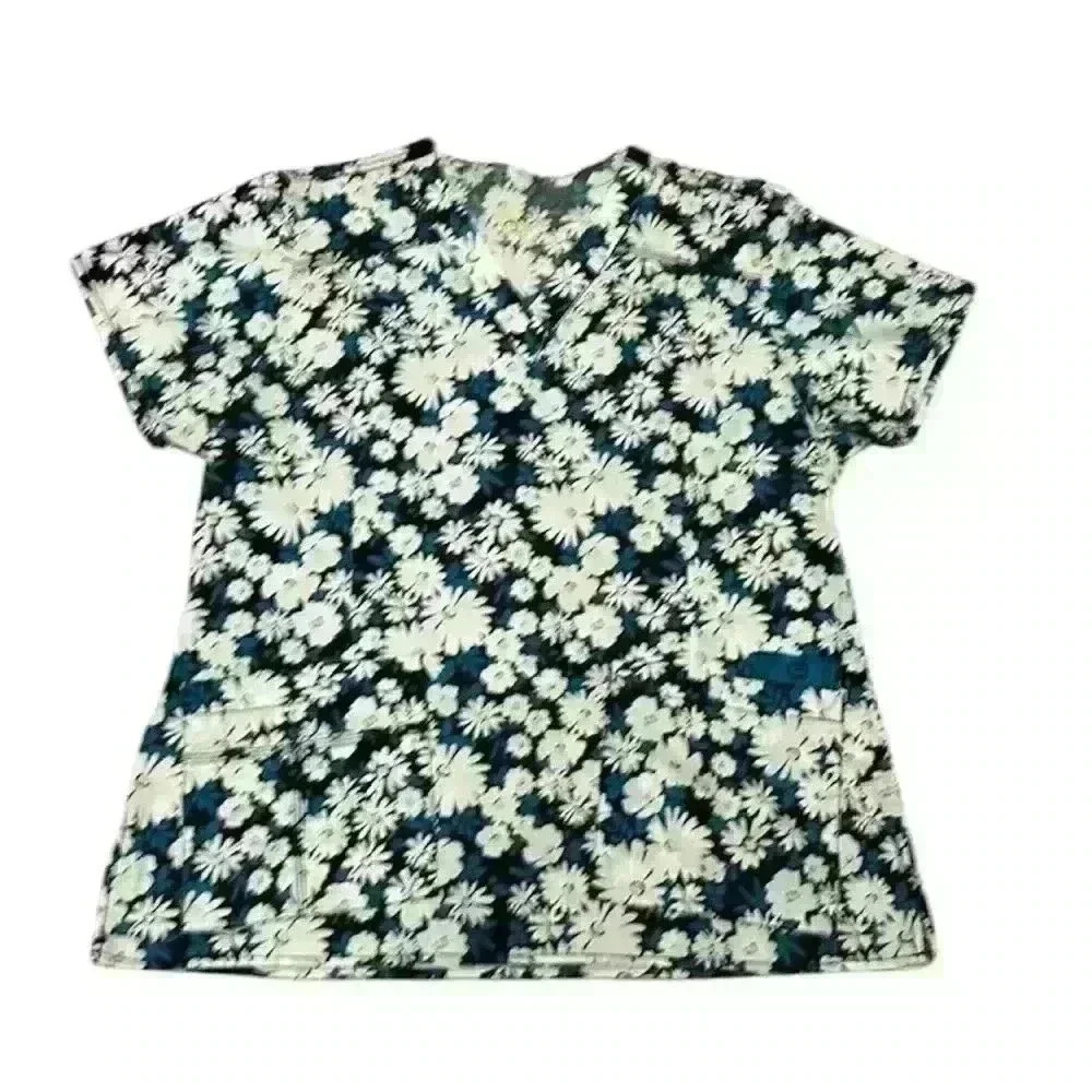 Wonder Flex Black, Teal and White Flowered Short Sleeve Scrub Shirt Size Large
